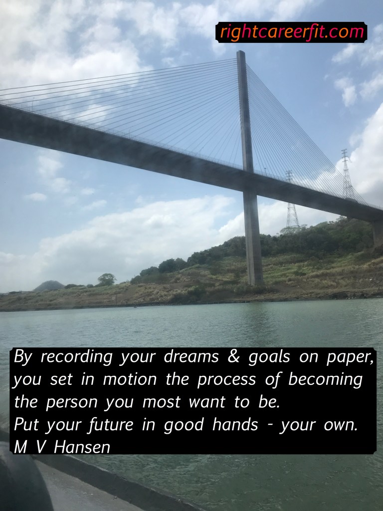 Image of crossing the Panama canal along with a quote by M.V.Hansen "by recording your dreams & goals on paper, you set in motion the process of becoming the person you want to be"
